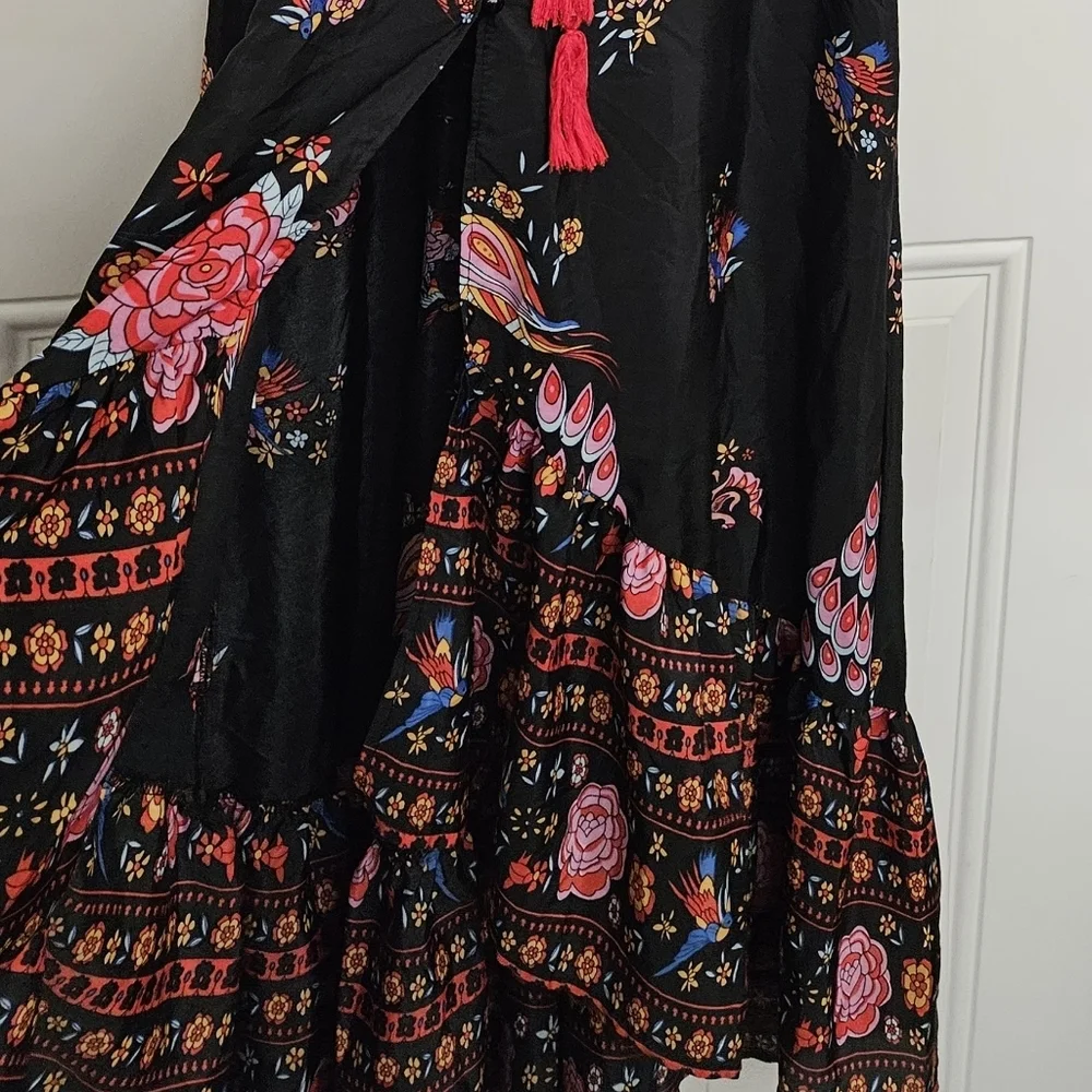 Wish V-Neck Peacock Floral Print Flare Sleeve Bohemian cotton blend Dress size S - Picture 9 of 13